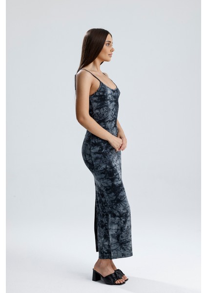 Yırtmaçlı Askılı Likralı Viskon Elbise | ELB35782 Gri Batik