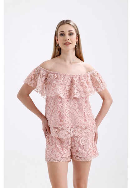 Volan Detaylı Astarlı Dantel Bluz | BLZ33454 Pudra