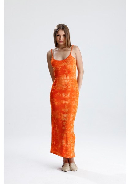 Yırtmaçlı Askılı Likralı Viskon Elbise | ELB35782 Oranj Batik fiyatları