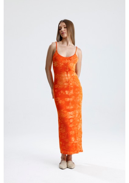 Yırtmaçlı Askılı Likralı Viskon Elbise | ELB35782 Oranj Batik modelleri