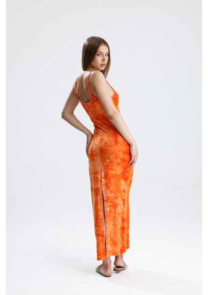 Yırtmaçlı Askılı Likralı Viskon Elbise | ELB35782 Oranj Batik indirimleri