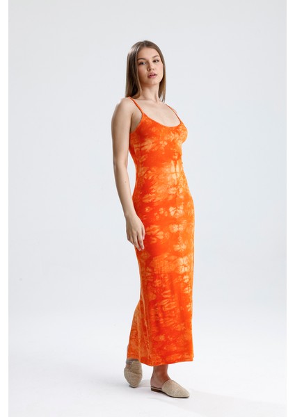 Yırtmaçlı Askılı Likralı Viskon Elbise | ELB35782 Oranj Batik