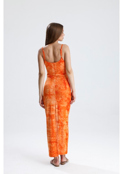 Yırtmaçlı Askılı Likralı Viskon Elbise | ELB35782 Oranj Batik