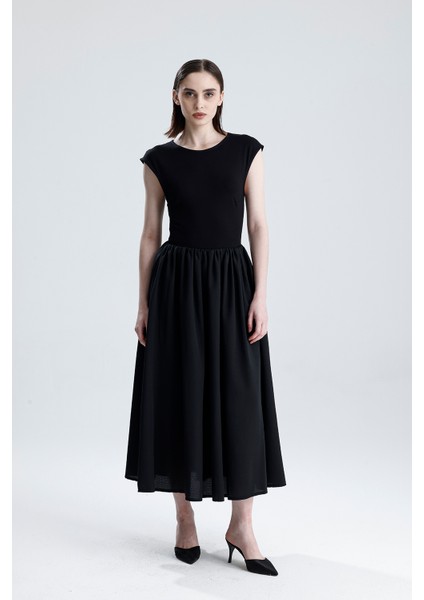 Alt Tricotton Üst Likralı Viskon Beli Lastikli Kolsuz Elbise | ELB36283 Siyah fiyatları
