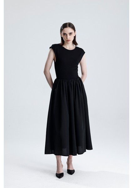 Alt Tricotton Üst Likralı Viskon Beli Lastikli Kolsuz Elbise | ELB36283 Siyah modelleri