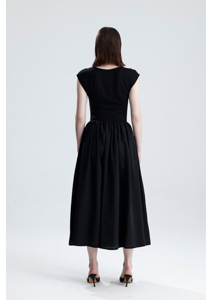 Alt Tricotton Üst Likralı Viskon Beli Lastikli Kolsuz Elbise | ELB36283 Siyah indirimleri