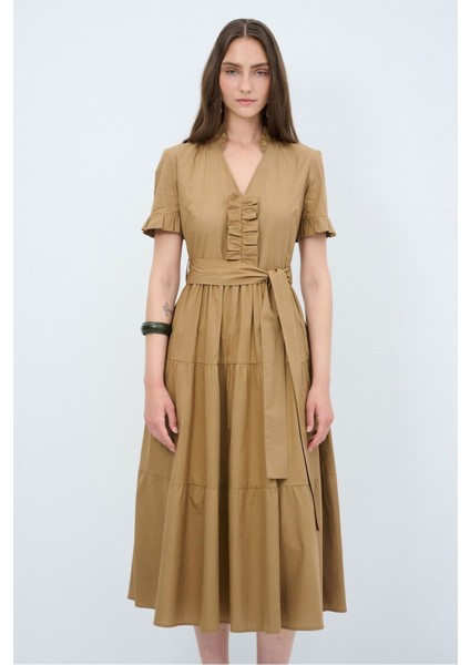 Volan Detaylı Midi Elbise