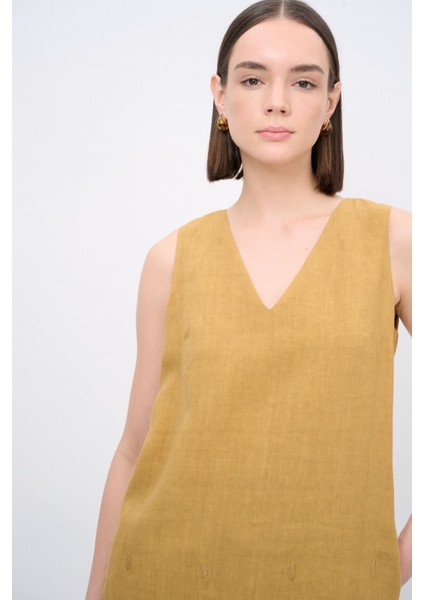 V Yaka Keten Elbise fiyatları