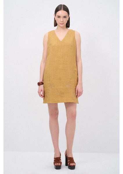 V Yaka Keten Elbise modelleri