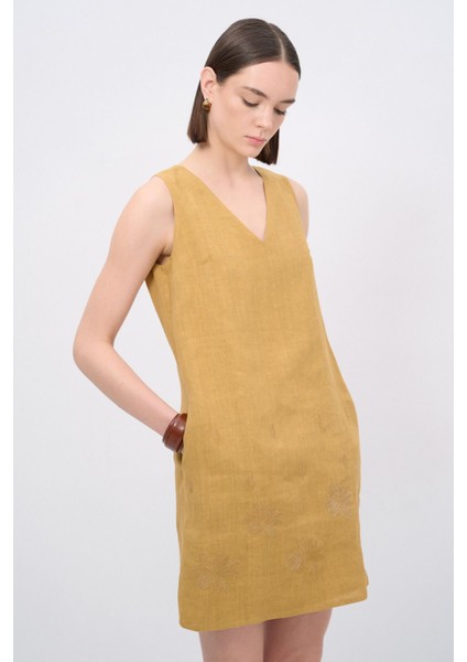 V Yaka Keten Elbise fırsatları