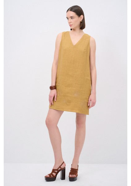 V Yaka Keten Elbise indirimleri