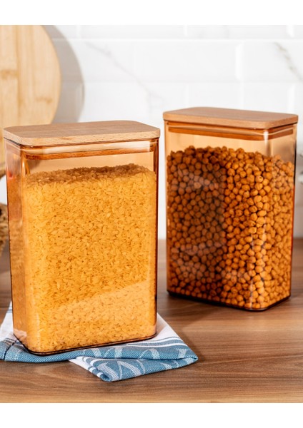 Diviera 2000ml Ahşap Kapaklı Saklama Kabı 2'li
