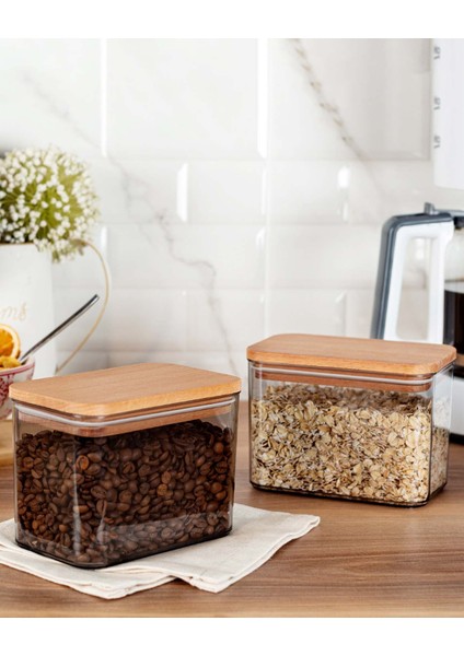 Diviera 1000ml Ahşap Kapaklı Saklama Kabı 2'li