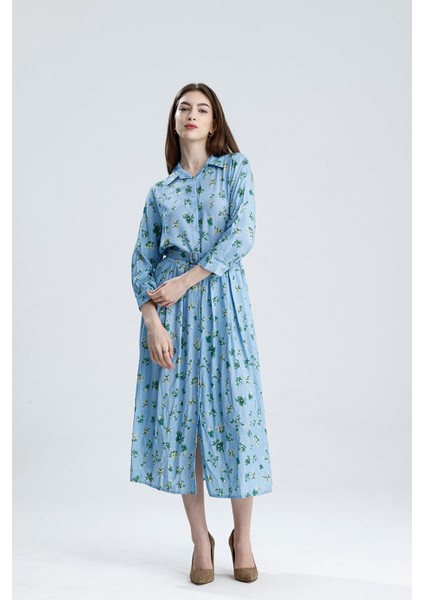 Pileli Beli Kemerli Çiçekli Viskon Elbise | ELB36219 Mavi Çiçekli