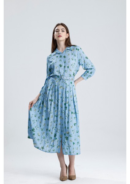 Pileli Beli Kemerli Çiçekli Viskon Elbise | ELB36219 Mavi Çiçekli fiyatları