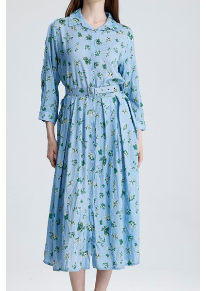 Pileli Beli Kemerli Çiçekli Viskon Elbise | ELB36219 Mavi Çiçekli fırsatları