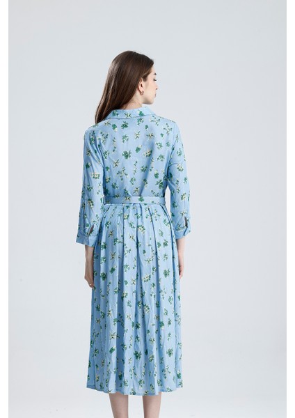 Pileli Beli Kemerli Çiçekli Viskon Elbise | ELB36219 Mavi Çiçekli indirimleri