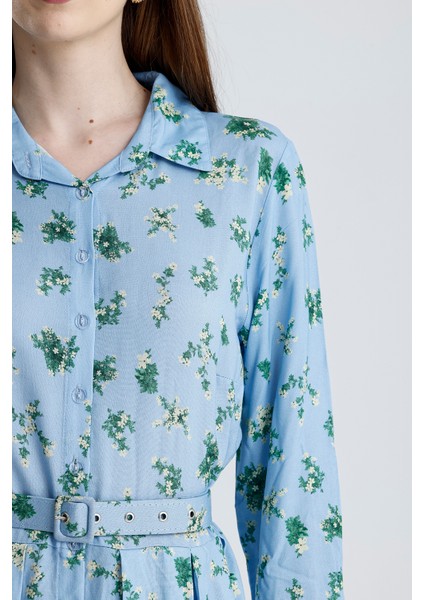 Pileli Beli Kemerli Çiçekli Viskon Elbise | ELB36219 Mavi Çiçekli