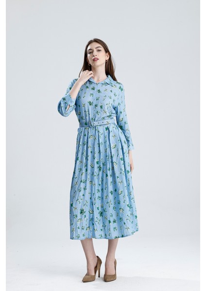 Pileli Beli Kemerli Çiçekli Viskon Elbise | ELB36219 Mavi Çiçekli