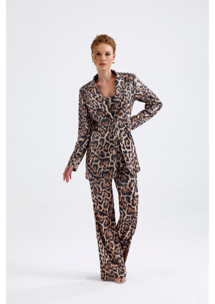 Abiye Takım Elbise | Ceket | Pantolon | Büstiyer 3 Lü Takım TK34264 Büyük Kızıl Leopar