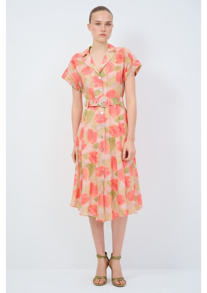 Desenli Kemerli Elbise