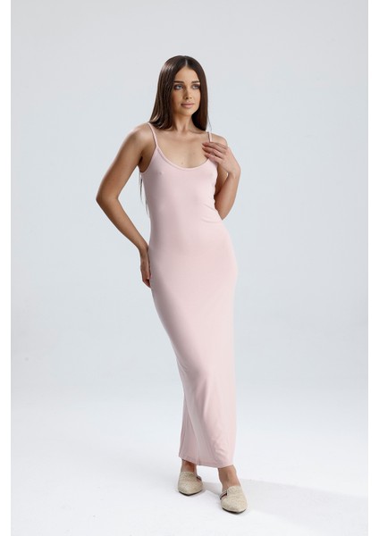 Yırtmaçlı Askılı Likralı Viskon Elbise | ELB35782 Pudra modelleri