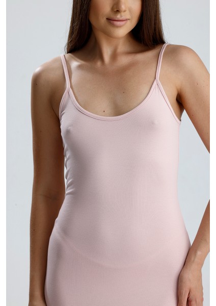 Yırtmaçlı Askılı Likralı Viskon Elbise | ELB35782 Pudra fırsatları