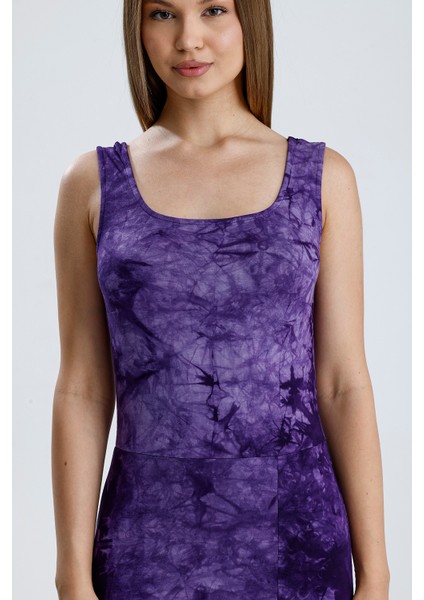 Kolsuz Kare Yaka Yırmaçlı Örme Viskon Elbise | ELB36253 Mor Batik fırsatları