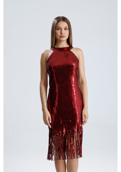 Astarlı Püsküllü Payet Elbise – Işıltılı Gecelerin Yıldızı | ELB36190 Bordo fiyatları