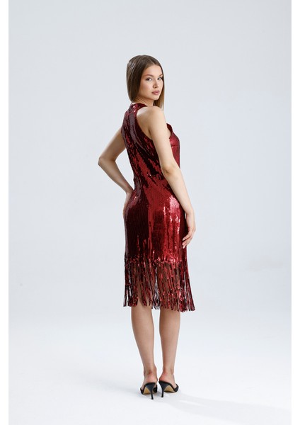 Astarlı Püsküllü Payet Elbise – Işıltılı Gecelerin Yıldızı | ELB36190 Bordo indirimleri