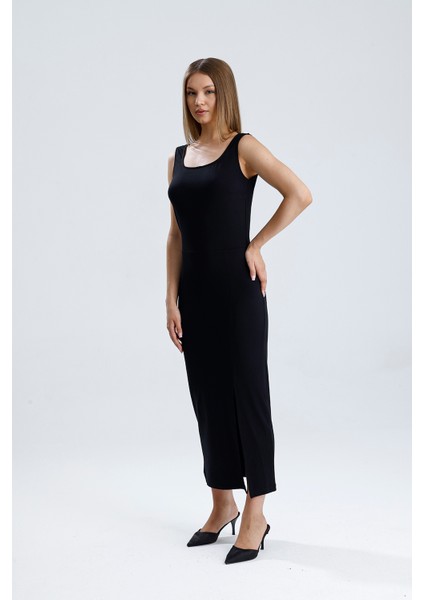 Kolsuz Kare Yaka Yırmaçlı Örme Viskon Elbise | ELB36253 Siyah fiyatları