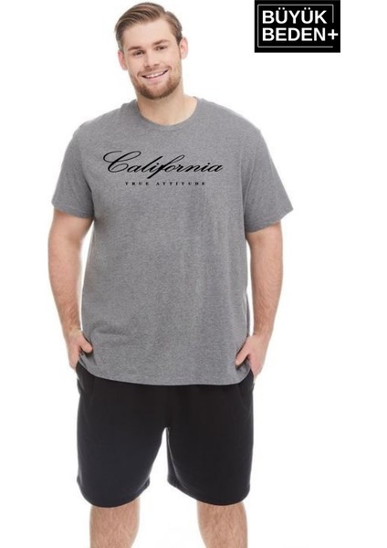 Süperlife Erkek Büyük Beden El Yazılı California Baskılı Bisiklet Yaka Tshırt SPR25BTS13