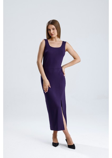 Kolsuz Kare Yaka Yırmaçlı Örme Viskon Elbise | ELB36253 Mor