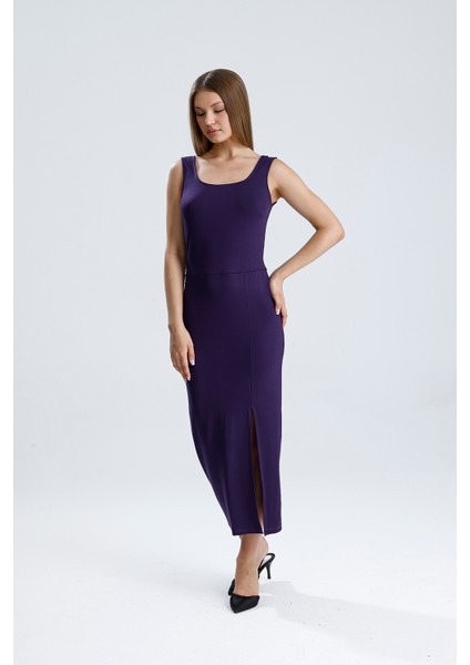 Kolsuz Kare Yaka Yırmaçlı Örme Viskon Elbise | ELB36253 Mor fiyatları