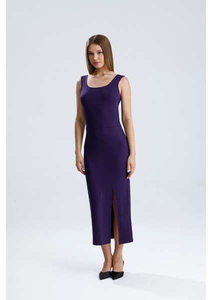 Kolsuz Kare Yaka Yırmaçlı Örme Viskon Elbise | ELB36253 Mor modelleri