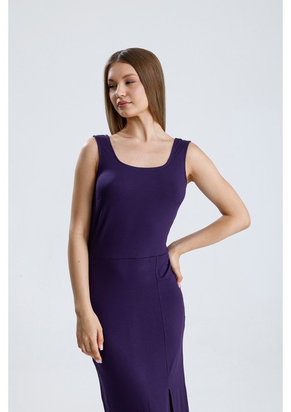 Kolsuz Kare Yaka Yırmaçlı Örme Viskon Elbise | ELB36253 Mor fırsatları