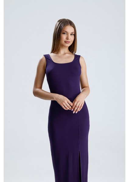 Kolsuz Kare Yaka Yırmaçlı Örme Viskon Elbise | ELB36253 Mor