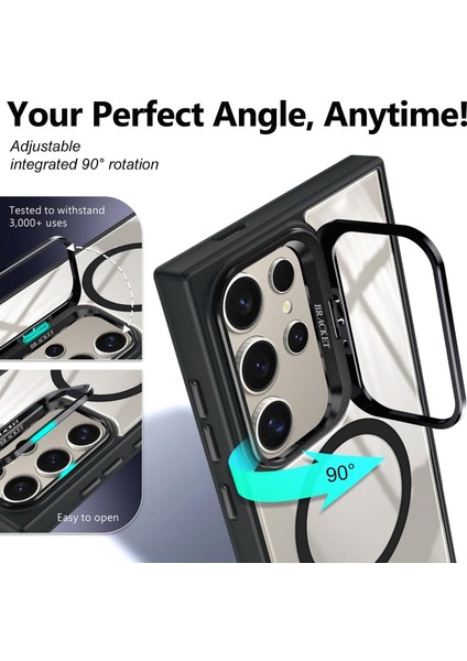 Samsung Galaxy S23 Ultra Kılıf Standlı Mika Magsafe Hassas Butonlu Metal Tuşlu + Kamera Lens Camı Hediyeli Set