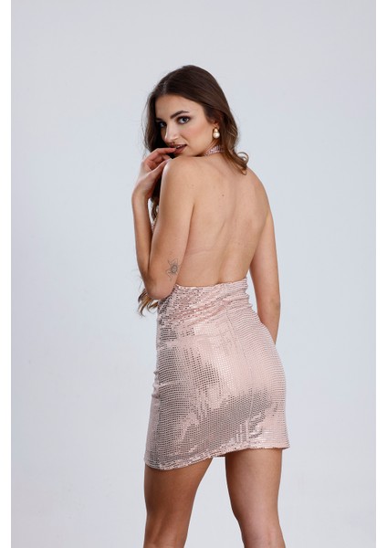 Degaje Yaka Kolsuz Buzy Payet Abiye Elbise | ELB36124 Somon