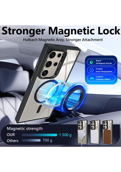 Samsung Galaxy S23 Ultra Kılıf Standlı Mika Magsafe Hassas Butonlu Metal Tuşlu + Kamera Lens Camı Hediyeli Set