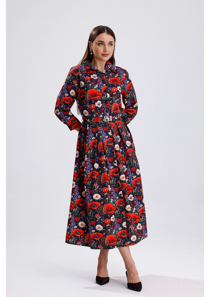 Yandan Cepli Kemerli Önü Düğmeli Uzun Elbise | ELB36264 Çiçek Desenli