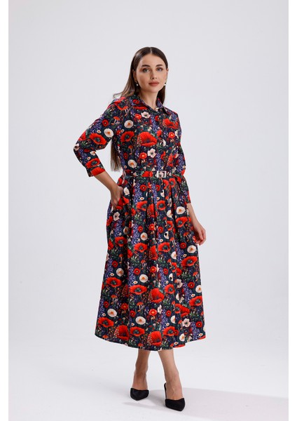 Yandan Cepli Kemerli Önü Düğmeli Uzun Elbise | ELB36264 Çiçek Desenli modelleri