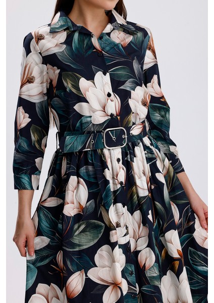 Yeşil Zemin Beyaz Çiçekli Önü Düğmeli Uzun Elbise | ELB36266 Beyaz Çiçekli indirimleri