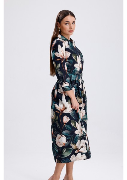 Yeşil Zemin Beyaz Çiçekli Önü Düğmeli Uzun Elbise | ELB36266 Beyaz Çiçekli