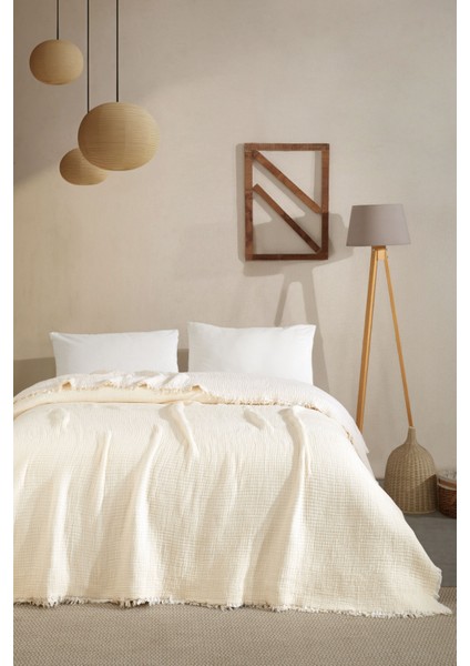 Tek Kişilik 5 Katlı %100 Pamuk Müslin Yatak Örtüsü - Krem