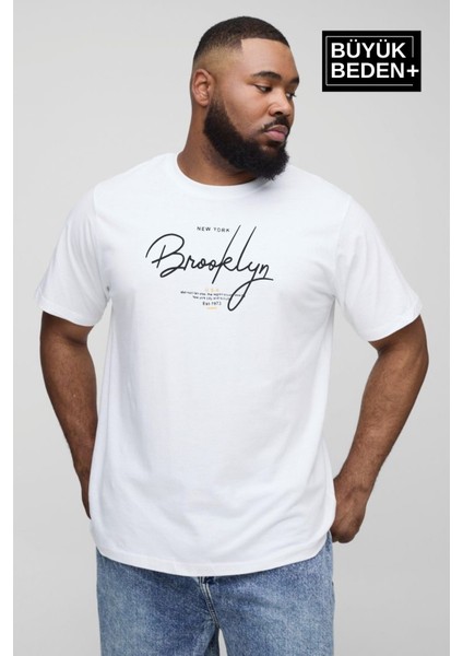 Süperlife Erkek Büyük Beden El Yazılı Brooklyn Baskılı Bisiklet Yaka Tshırt SPR25BTS12