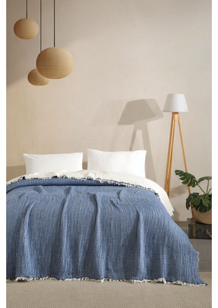 Tek Kişilik 5 Katlı %100 Pamuk Müslin Yatak Örtüsü - Lacivert