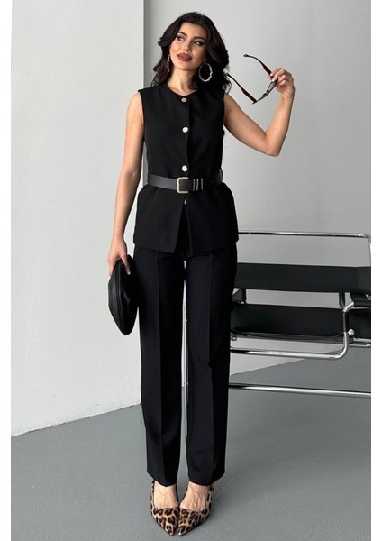Kadın Ikili Alt Üst Takım Şık Kemerli Düğme Detaylı Bisiklet Yaka Regular Yelek Pantolon Takım