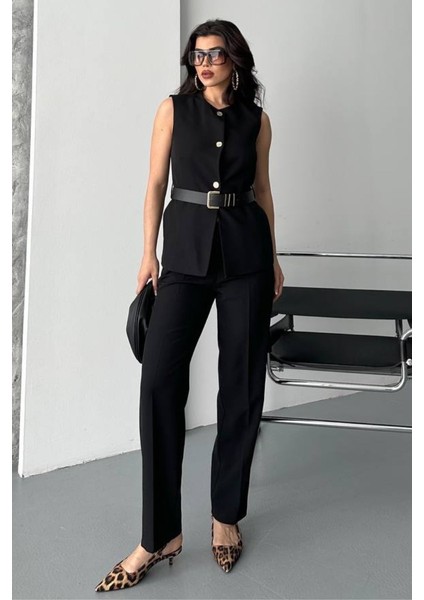 Kadın Ikili Alt Üst Takım Şık Kemerli Düğme Detaylı Bisiklet Yaka Regular Yelek Pantolon Takım fiyatları