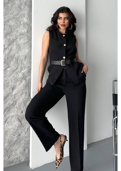 Kadın Ikili Alt Üst Takım Şık Kemerli Düğme Detaylı Bisiklet Yaka Regular Yelek Pantolon Takım modelleri